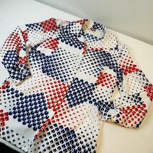 Vintage Pykettes Blouse Women's L-XL ButtonUp 70s White Blue Red Shapes